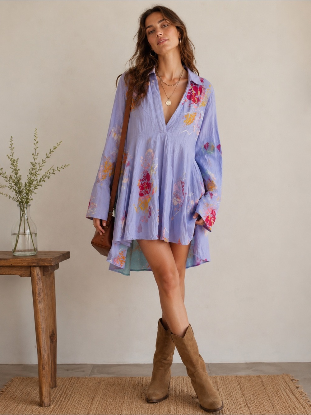 Free People Fields of Butterflies Tunic Top Small Blue Floral Boho Mini Dress